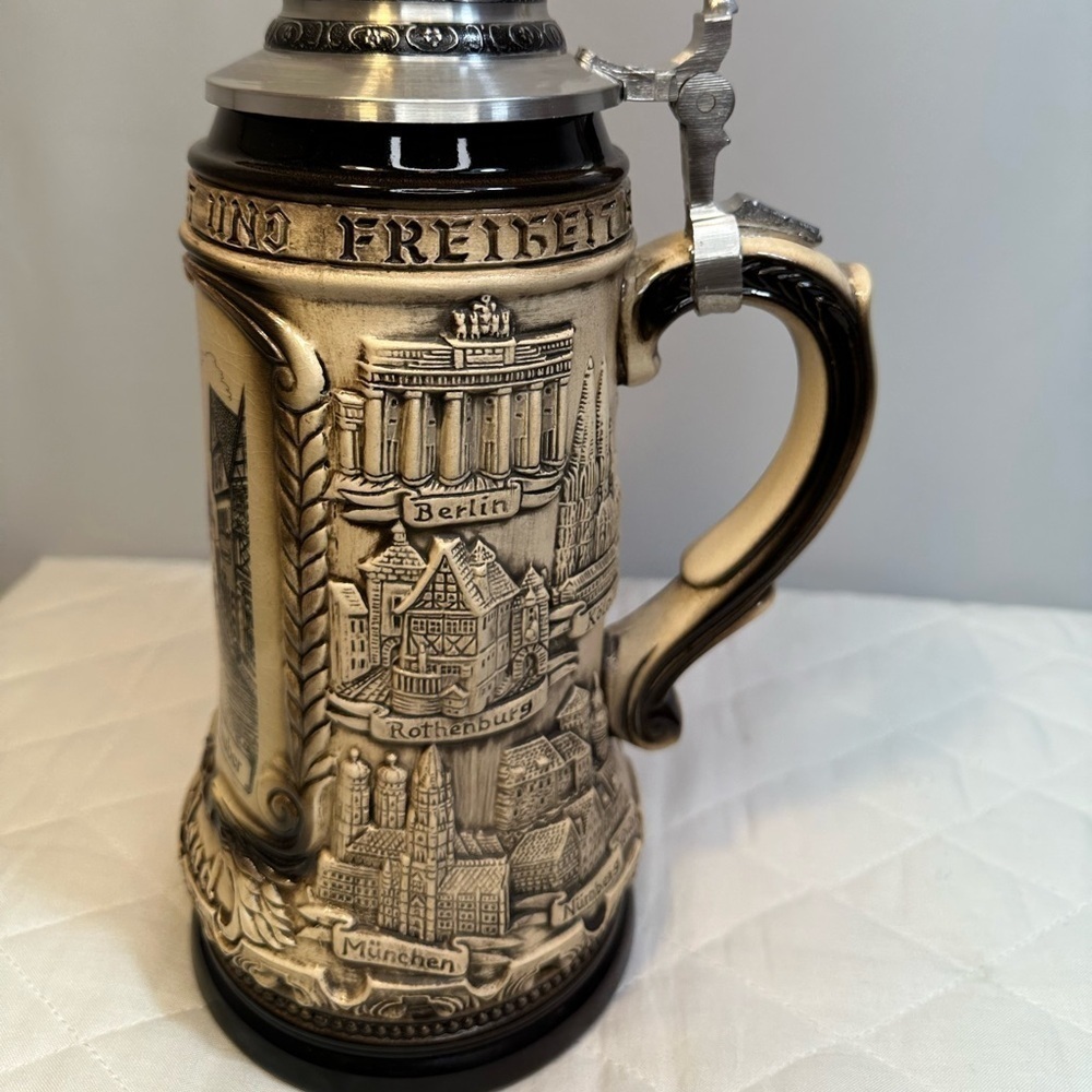 Rothenburg German Beer Stein Rustic Natural With Silver Tone Pewter Cup Vintage - Picture 7 of 15